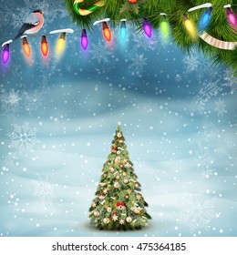 Christmas fir tree on winter landscape. EPS 10 vector file included