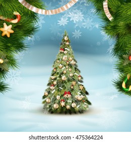 Christmas fir tree on winter landscape. EPS 10 vector file included