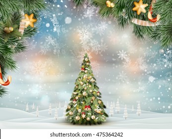 Christmas Fir Tree On Winter Landscape. EPS 10 Vector File Included