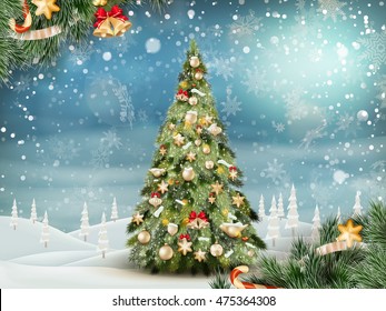 Christmas Fir Tree On Winter Landscape. EPS 10 Vector File Included