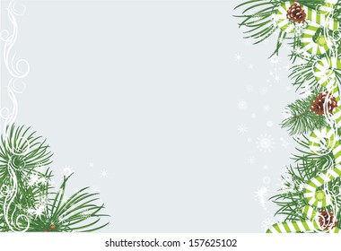 Christmas fir tree with pine cones and candy canes on the light blue background. Vector