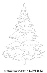 Christmas fir tree with snow, holiday winter symbol, isolated on white, contour. Vector