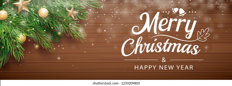 Christmas fir tree with snow on wooden background. Xmas and happy new year for banner, cover, greeting card.