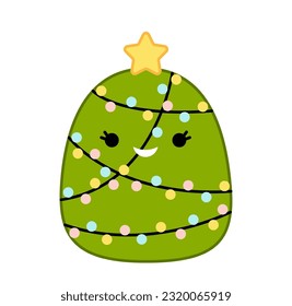 Christmas fir tree. Squishmallow. Cute soft plush toy. Pillow. Kawaii, cartoon. Isolated vector illustration eps 10