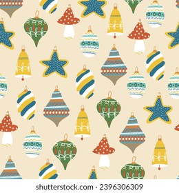 Christmas Fir Tree Toy seamless pattern. Xmas Ball Retro. New year hand drawn toys in kids vintage style. Bauble Cartoon doodle print, wallpaper, wrapping, fabric. Childish vector illustration