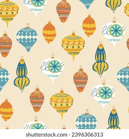 Christmas Fir Tree Toy seamless pattern. Xmas Ball Retro. New year hand drawn toys in kids vintage style. Bauble Cartoon doodle print, wallpaper, wrapping, fabric. Childish vector illustration