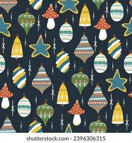Christmas Fir Tree Toy seamless pattern. Xmas Ball Retro. New year hand drawn toys in kids vintage style. Bauble Cartoon doodle print, wallpaper, wrapping, fabric. Childish vector illustration