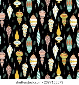 Christmas Fir Tree Toy seamless pattern. Xmas Ball Retro. New year hand drawn toys in kids vintage style. Bauble Cartoon doodle print, wallpaper, wrapping, fabric. Childish vector illustration