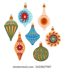 Christmas fir tree toys, baubles, ornaments set holiday decoration ball, star, bell, spruce, icicle