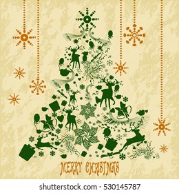 Christmas fir tree of toys, gifts, deer and birds
