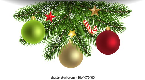 Christmas Fir Tree With Christmas Toys White Background With Gradient Mesh, Vector Illustration