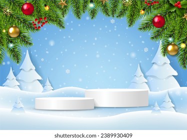 Christmas Fir Tree And White Podium With Gradient Mesh, Vector Illustration