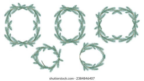 Christmas Fir Tree Wreath Collection. New year green sketch frame with branch. Firtree or pine border set. Xmas spruce decoration hand drawn elements. Cartoon drawing vector illustration