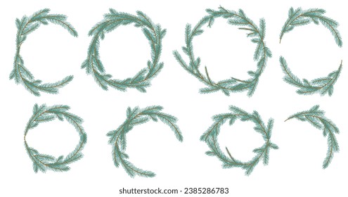 Christmas Fir Tree Wreath Collection. New year green sketch frame with branch. Firtree or pine border set. Xmas spruce decoration hand drawn elements. Cartoon drawing vector illustration