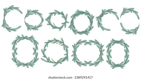 Christmas Fir Tree Wreath Collection. New year green sketch frame with branch. Firtree or pine border set. Xmas spruce decoration hand drawn elements. Cartoon drawing vector illustration