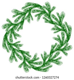 Christmas fir tree wreath, isolated decoration frame, tree branches, hand drawn, vector illustration