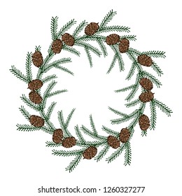 Christmas fir tree wreath, isolated decoration frame, tree branches, hand drawn, vector illustration
