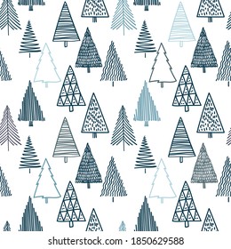 Christmas fir trees in a seamless pattern, modern hand draw design. Winter background. Can be used for printed new year materials - leaflets, posters, business cards or for web.
