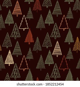 Árboles de abetos de Navidad en un patrón impecable, diseño moderno de dibujo a mano. Fondo de invierno. Puede utilizarse para imprimir material de año nuevo - folletos, carteles, tarjetas de visita o para la web.