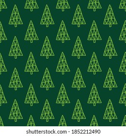 Christmas fir trees in a seamless pattern, modern hand draw design. Winter background. Can be used for printed new year materials - leaflets, posters, business cards or for web.