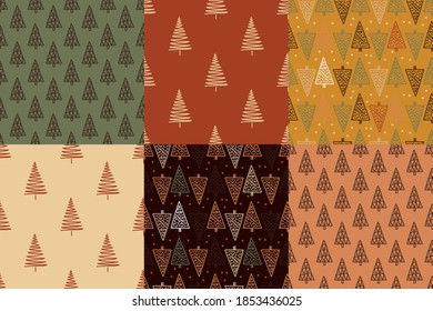 Christmas fir trees in a seamless pattern, modern hand draw design. Winter background. Can be used for printed new year materials - leaflets, posters, business cards or for web.