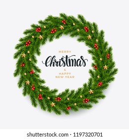 Christmas fir wreath background, realistic look, with berries, star and pearl decorations