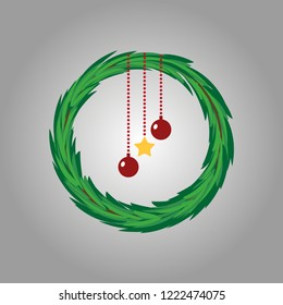 Christmas fir wreath background, realistic look, with balls decorations