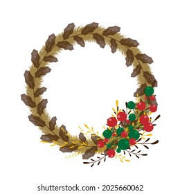 Christmas Fir Wreath with Copy Space. Pine wreath with Red and Green holly berries on Brown branches isolated on white background. Merry Xmas Design for Greeting card.Vector illustration.