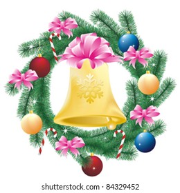 christmas fir wreath with decoration and golden bell