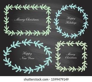 Christmas fir wreath frames set on a chalkboard, different shape, doodle vector illustration