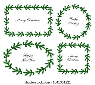 Christmas fir wreath frames set different shapes, doodle style vector illustration