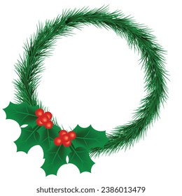 Christmas Fir Wreath with Holly Berries. Festive winter decoration concept vector