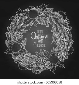 Christmas fir wreath with mandarins and holly. Vector design elements isolated on the chalkboard.