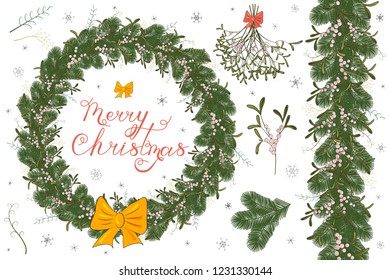 Christmas fir wreath with mistletoe and bow. Beautiful inscription Merry Christmas. Lettering. Calligraphy. Snowflakes. Set. Isolated objects on white background. Vector illustration.