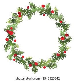 Christmas fir wreath with red berries. Pine wreath. Spruce new year wreath. Decorative element. Vector illustration.
