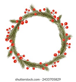 Christmas fir wreath with red berries. Pine circle frame. Watercolor spruce new year chaplet. Decorative element.