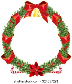 Christmas fir wreath with red ribbon and bell. Isolated illustration in vector format