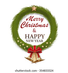Christmas fir wreath with red ribbon and bow,  jingle bells, gold stars and Christmas decorations. Merry Christmas and a Happy New Year. Vector illustration.