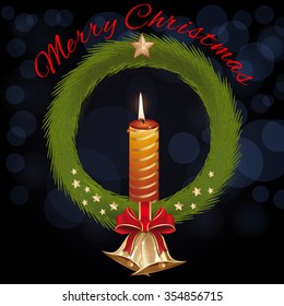 Christmas fir wreath with red ribbon and bow on black background. Jingle bells, gold stars and christmas decorations. Merry Christmas and a Happy New Year. Vector illustration.