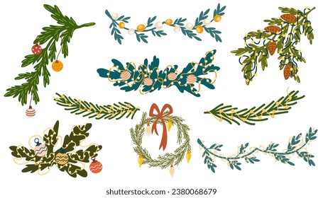 Faltan coronas de fuego de Navidad. Nochevieja Invernal decoración con ramas de abeto, hojas y conos de pino. Ilustración del dibujo de la mano del vector