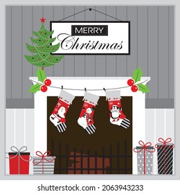 Christmas fire place and decorations for christmas card, gift bag or box design