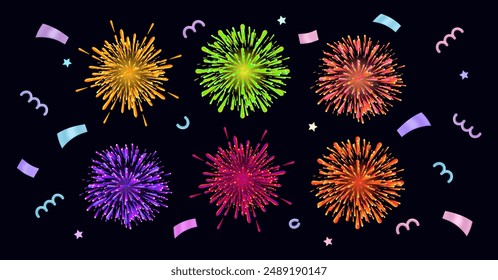 Christmas firecracker. Sparks from the night festive fireworks. Flashes of light, popper, confetti. 
Bright New Year's lights pyrotechnics. Explosive wave, colorful, glowing fireworks 3d. Vector.