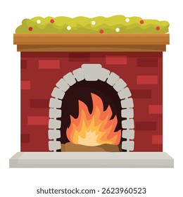 Christmas fireplace burning with fire and decorated with garland, perfect for projects related to winter holidays, warmth, and home decor