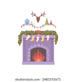 Christmas fireplace with burning fire, deer antlers and stockings, flat cartoon vector illustration. Home fire places with socks, Xmas decoration. Warm cozy winter holiday decor with mantelpiece