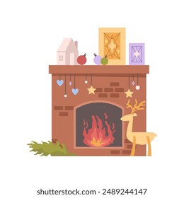 Christmas fireplace burning fire, deer and spruce, flat cartoon vector illustration. Warm cozy winter holiday decor, home fire place with hanging stars and hearts, pictures and balloon