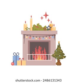 Christmas fireplace with burning fire, fur tree, flat cartoon vector illustration. Home fire place with lamp garland, gift boxes and candle, Xmas decoration. Warm cozy winter holiday decor