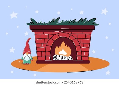 The Christmas fireplace is burning. Warm interior. Gnome by the fireplace. Vector illustration.