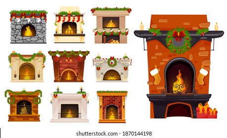 Christmas Fireplace Cartoon Vector Set Of Xmas Holiday Fire Places With Christmas Tree Wreaths, Santa Stocking Socks And Gifts, Holly Berry Garlands, Balls And Candles. Winter Holiday Room Interior