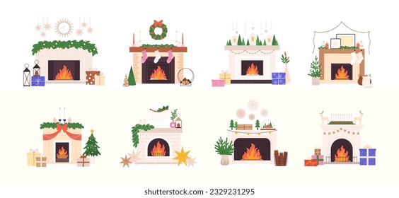 Chimenea de Navidad. Chimeneas de Navidad con medias y decoración elegante de vacaciones. Decoración acogedora de la casa, elementos vectores de la casa de invierno