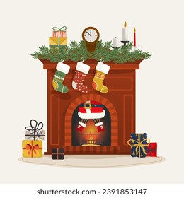 Christmas fireplace with clocks and gifts. Santa claus stuck in chimney. Vector illustration